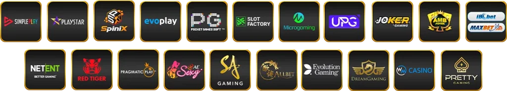 ภาพรวมโลโก้ค่ายเกมคาสิโนออนไลน์ชั้นนำบนเว็บ PANDA555 เช่น PG Soft, JILI, Joker Gaming, KA Gaming, BG Gaming, Evo Gaming และค่ายเกมยอดนิยมอื่น ๆ