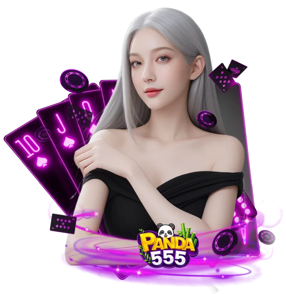 ภาพแบนเนอร์คาสิโนออนไลน์ PANDA555 พร้อมผู้หญิง ไพ่ และชิปคาสิโน สื่อถึงเกมสล็อตและเกมคาสิโนออนไลน์